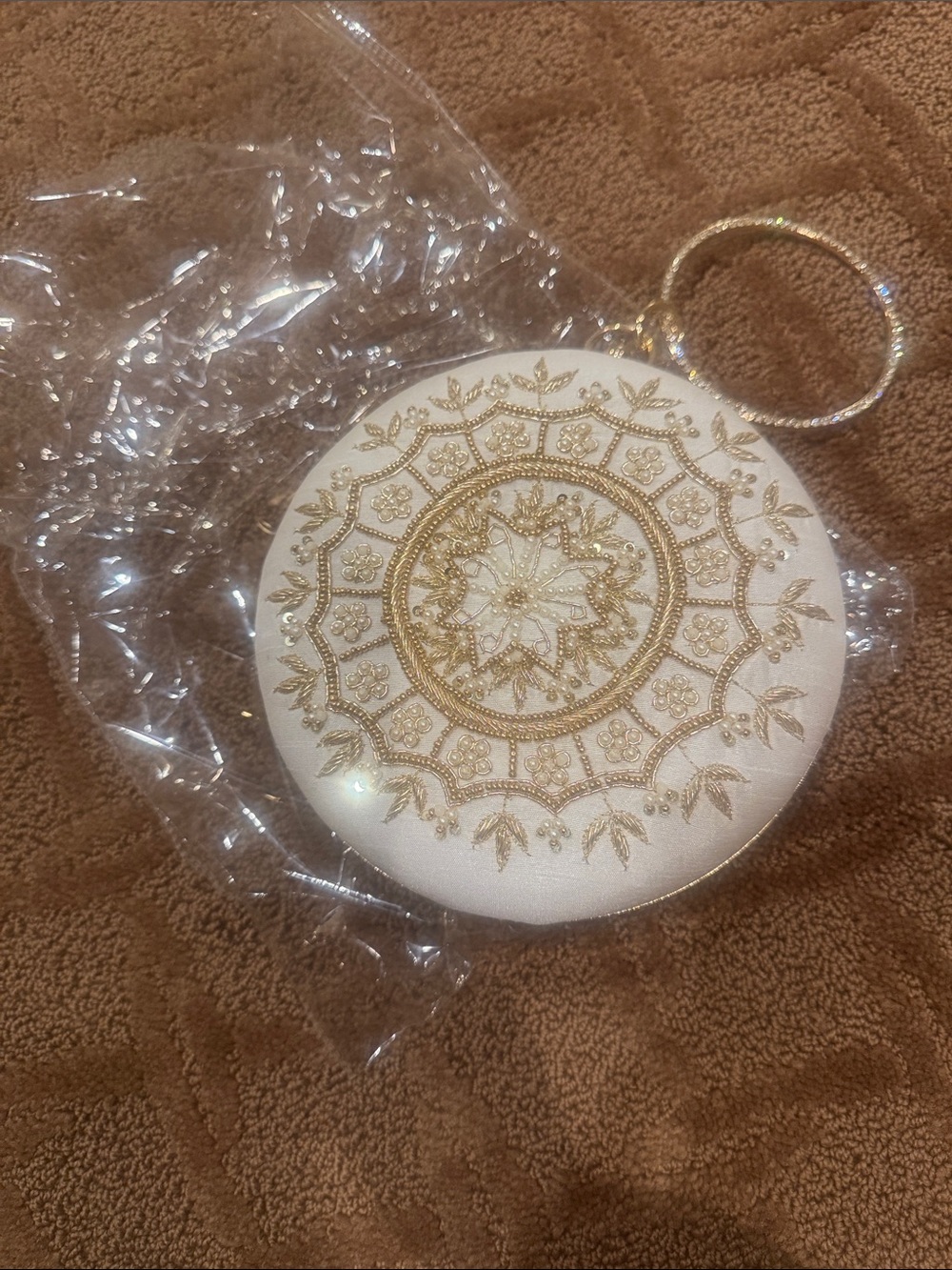 Round Ivory Clutch with Gold Embroidered Mandala indian bollywood
